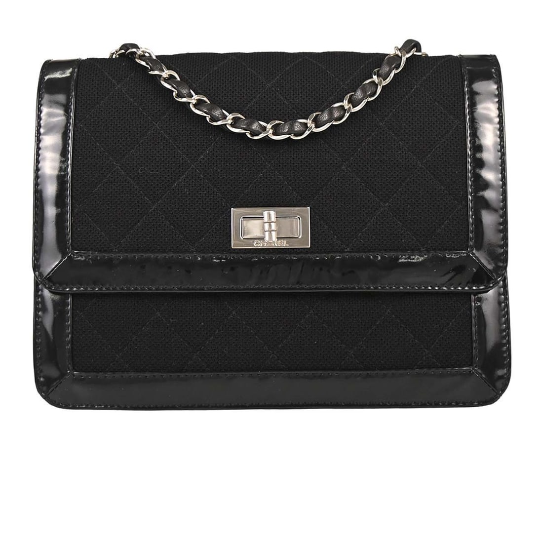 CHANEL Mademoiselle Lock Shoulder Bag Black Canvas Patent Leather: CHANEL Mademoiselle Lock Shoulder Bag Black Canvas Patent Leather Chanel Mademoiselle Lock shoulder bag in black with a canvas and patent leather exterior. This medium shoulder bag features a leather 