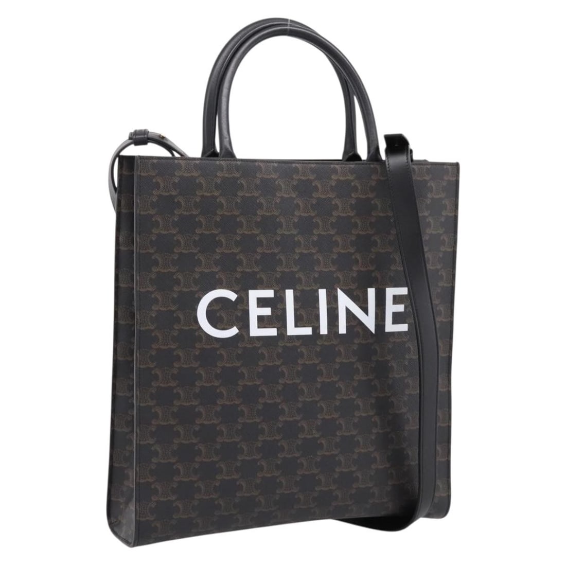 CELINE Triomphe Cabas Handbag Black PVC Leather with Strap: CELINE Triomphe Cabas Handbag Black PVC Leather with Strap Celine Triomphe Vertical Cabas handbag in black and gold PVC leather. This women's bag includes a dust bag and shoulder strap. Condition is A