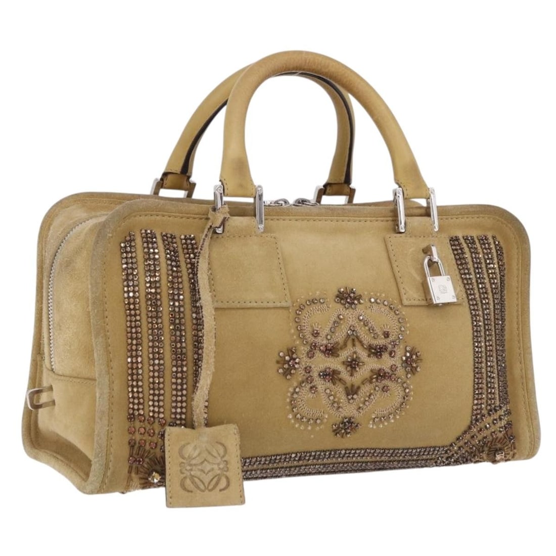 LOEWE Amazona 30 Suede Handbag Beige with Silver Tone Hardware: LOEWE Amazona 30 Suede Handbag Beige with Silver Tone Hardware LOEWE Amazona 30 handbag in beige suede with silver-tone accents. Made in Spain, this women's handbag includes a dust bag, padlock, two k