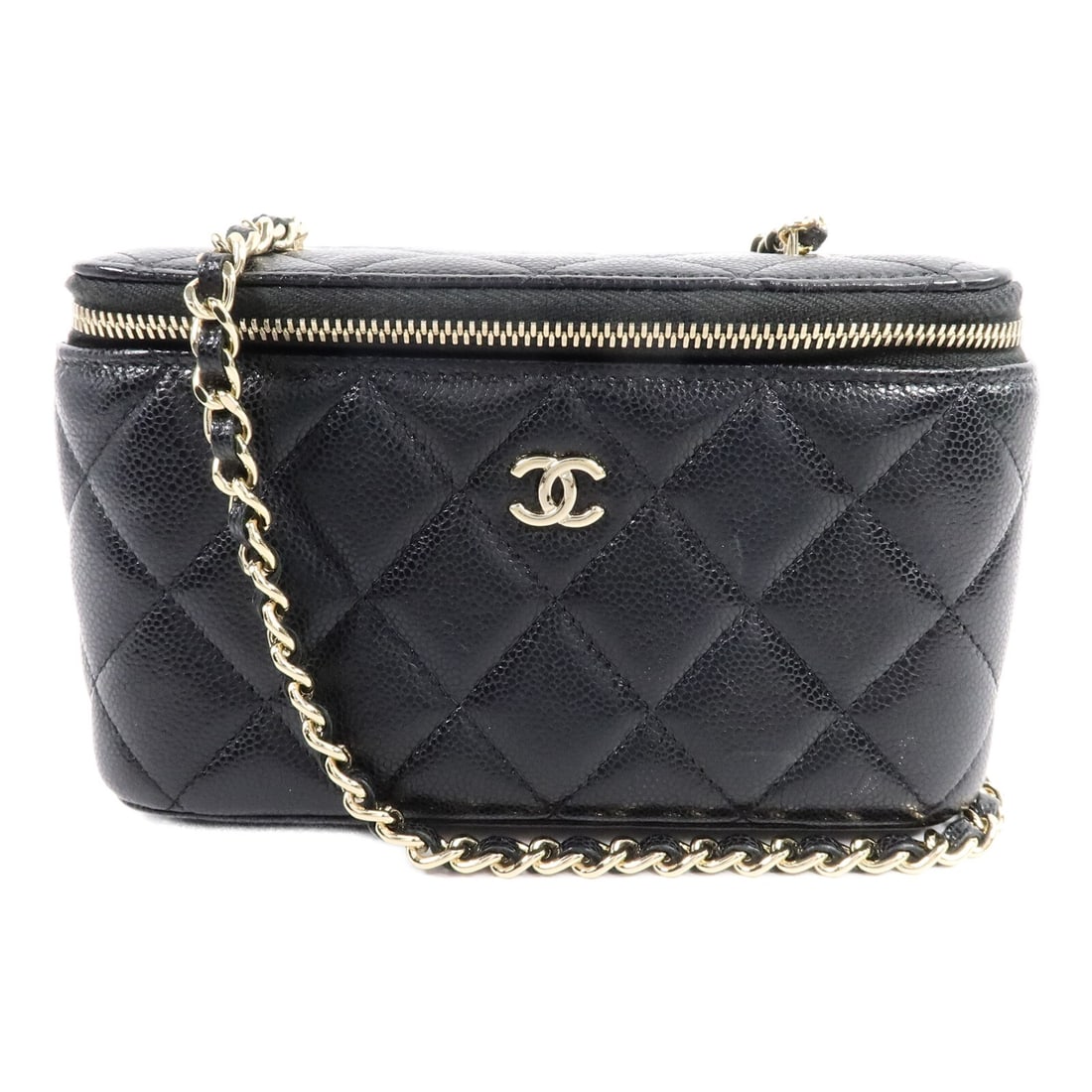 CHANEL AP1341 Vanity Case Chain Shoulder Bag Black Calfskin: CHANEL AP1341 Vanity Case Chain Shoulder Bag Black Calfskin Chanel CC Vanity Case chain shoulder bag in black calfskin leather with gold-tone hardware. This women's shoulder bag features an interior w