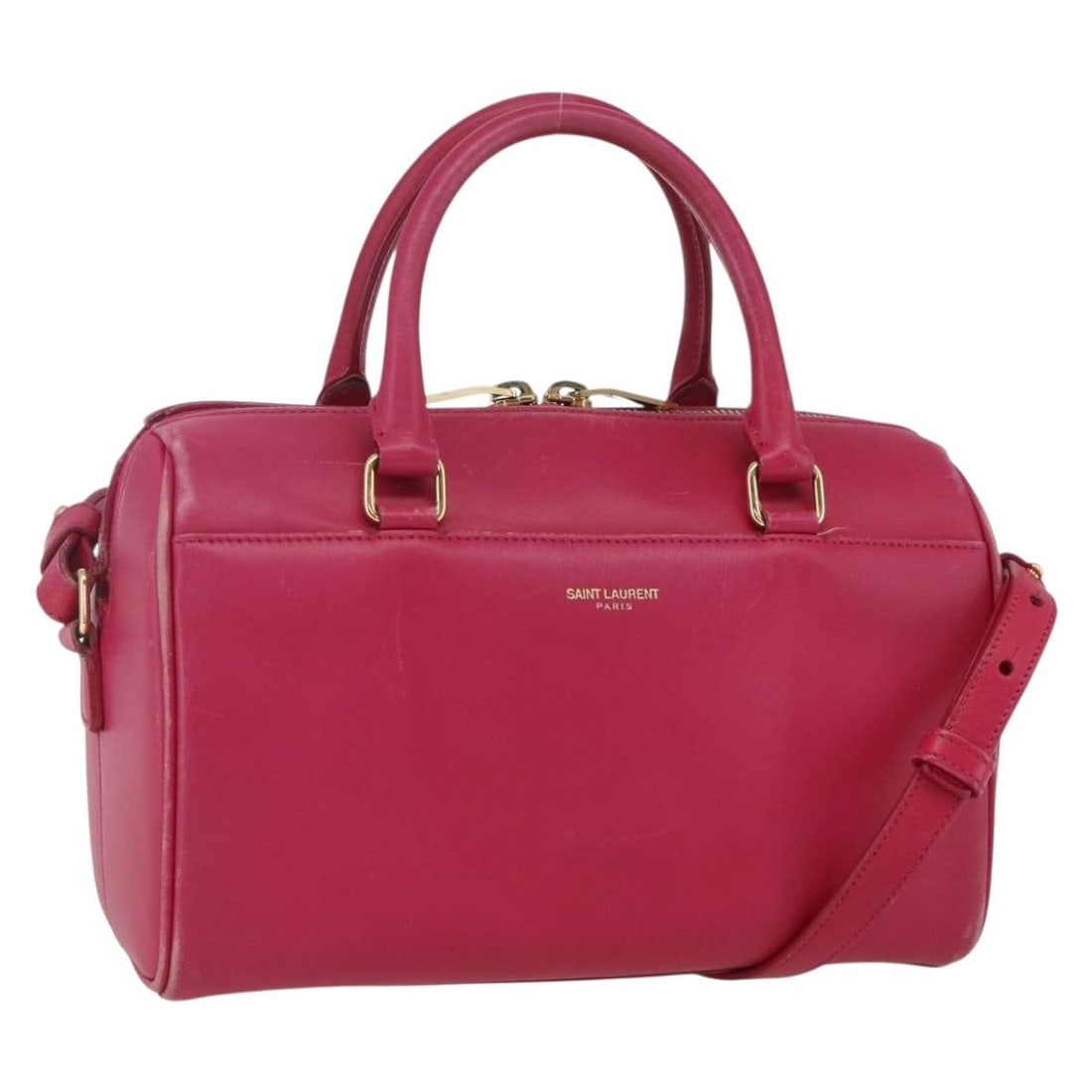 Pink Leather Saint Laurent Baby Duffel 2way Handbag with Shoulder Strap: Pink Leather Saint Laurent Baby Duffel 2way Handbag with Shoulder Strap This SAINT LAURENT Baby Duffel handbag is crafted from pink leather with gold-tone accents. Designed for versatility, it feature