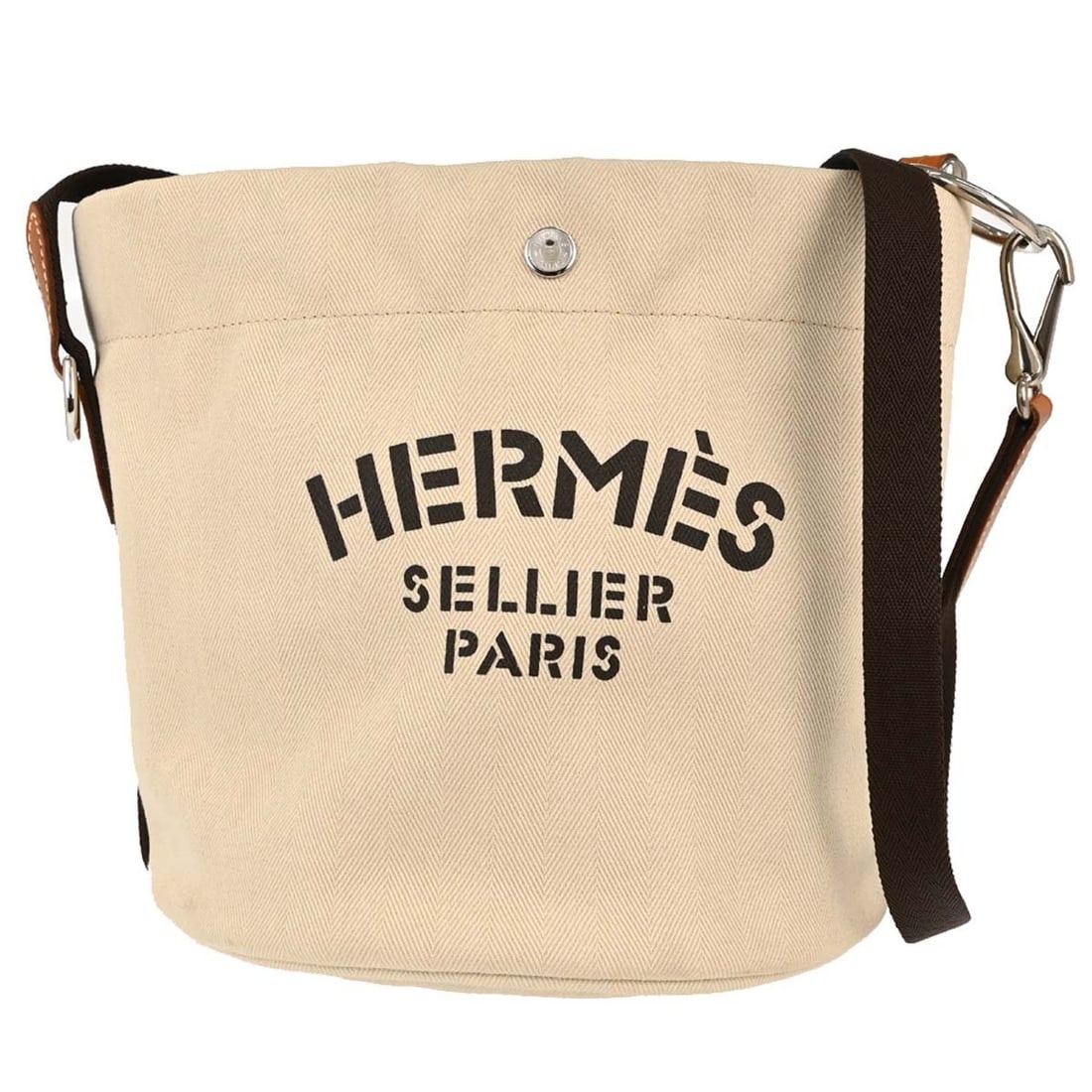 Hermes Sac de Pansage Beige Toile Chevron Bucket Shoulder Bag: Hermes Sac de Pansage Beige Toile Chevron Bucket Shoulder Bag Vintage Hermes Sac de Pansage bucket shoulder bag in beige Toile Chevrons with brown canvas shoulder strap and silver-tone hardware. This 