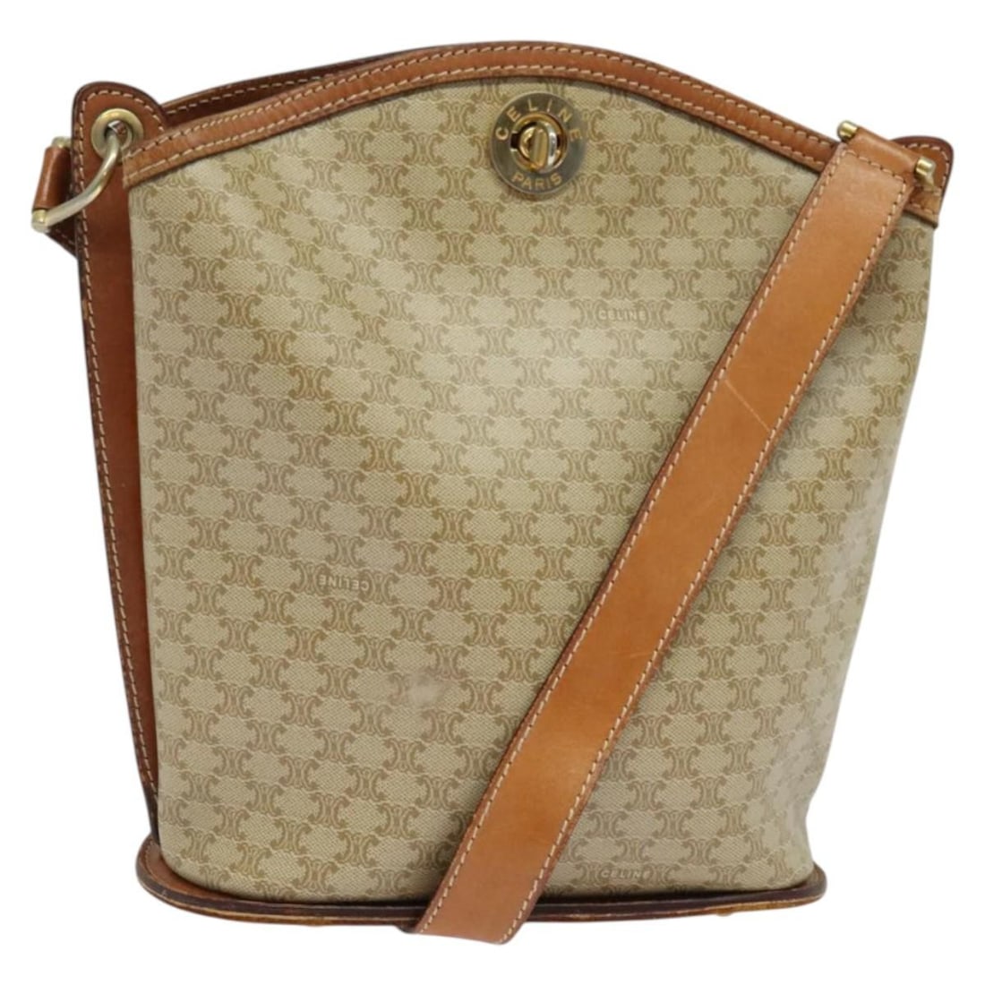 CELINE Beige Gold PVC Macadam Canvas Shoulder Bag Made in Italy: CELINE Beige Gold PVC Macadam Canvas Shoulder Bag Made in Italy This authentic CELINE Macadam Canvas Shoulder Bag is crafted from durable PVC leather in a stylish beige and gold color combination. Mad