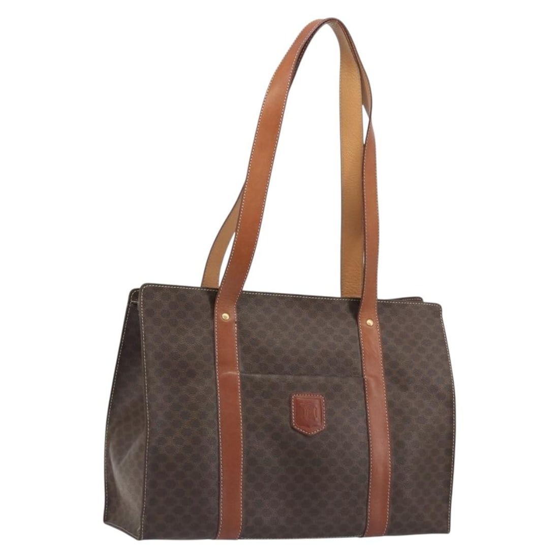 CELINE Macadam PVC Leather Tote Brown Gold Tone Italy: CELINE Macadam PVC Leather Tote Brown Gold Tone Italy CELINE Macadam tote bag crafted in PVC leather and Macadam canvas with a brown exterior and gold tone accents. Made in Italy, this women's tote fe