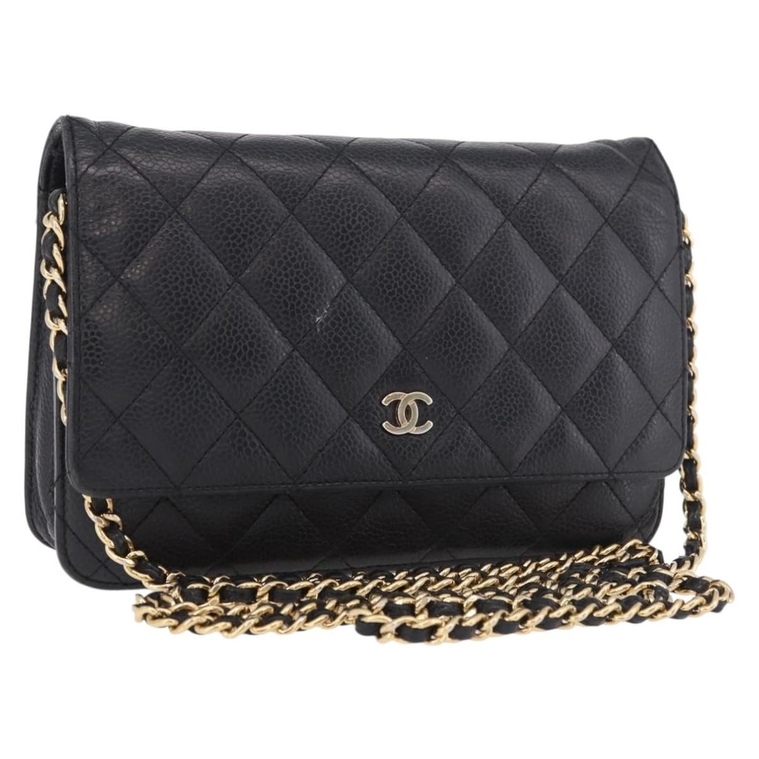 CHANEL Caviar Skin Shoulder Bag Black with Gold CC Chain: CHANEL Caviar Skin Shoulder Bag Black with Gold CC Chain Chanel Matelasse chain shoulder bag in black grained calf skin with gold-tone CC detailing. This women's shoulder bag is made in Italy and incl