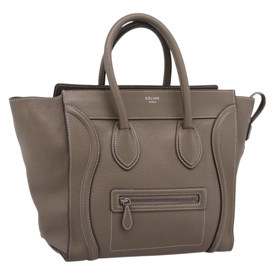CELINE Luggage Mini Leather Hand Bag Gray Silver Dust Bag: CELINE Luggage Mini Leather Hand Bag Gray Silver Dust Bag Celine Luggage Mini handbag in gray and silver leather, made in Italy. Includes a dust bag. This heavily used bag shows loss of shape, rubbing