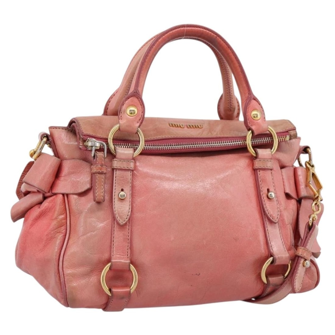 Miu Miu Pink Leather 2way Handbag with Shoulder Strap 196837V: Miu Miu Pink Leather 2way Handbag with Shoulder Strap 196837V Miu Miu 2-way handbag in pink leather with gold-tone accents. Made in Italy, this women's bag includes a shoulder strap for hand or should