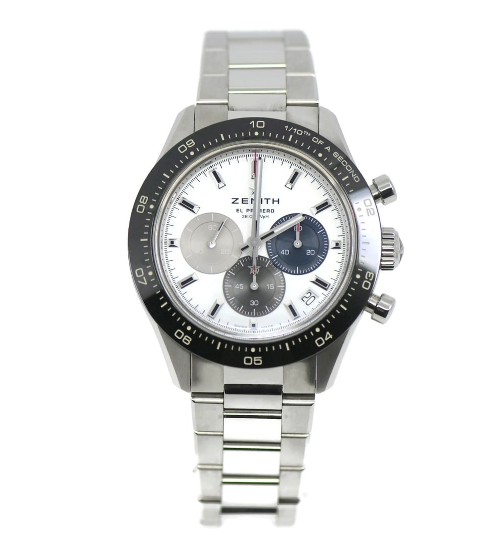 Zenith Chronomaster 03.3100.3600 men's stainless steel wristwatch 41mm: Zenith Chronomaster 03.3100.3600 men's stainless steel wristwatch 41mm Zenith Chronomaster stainless steel wristwatch with a polished round case, white analog dial, and automatic mechanical movement. 