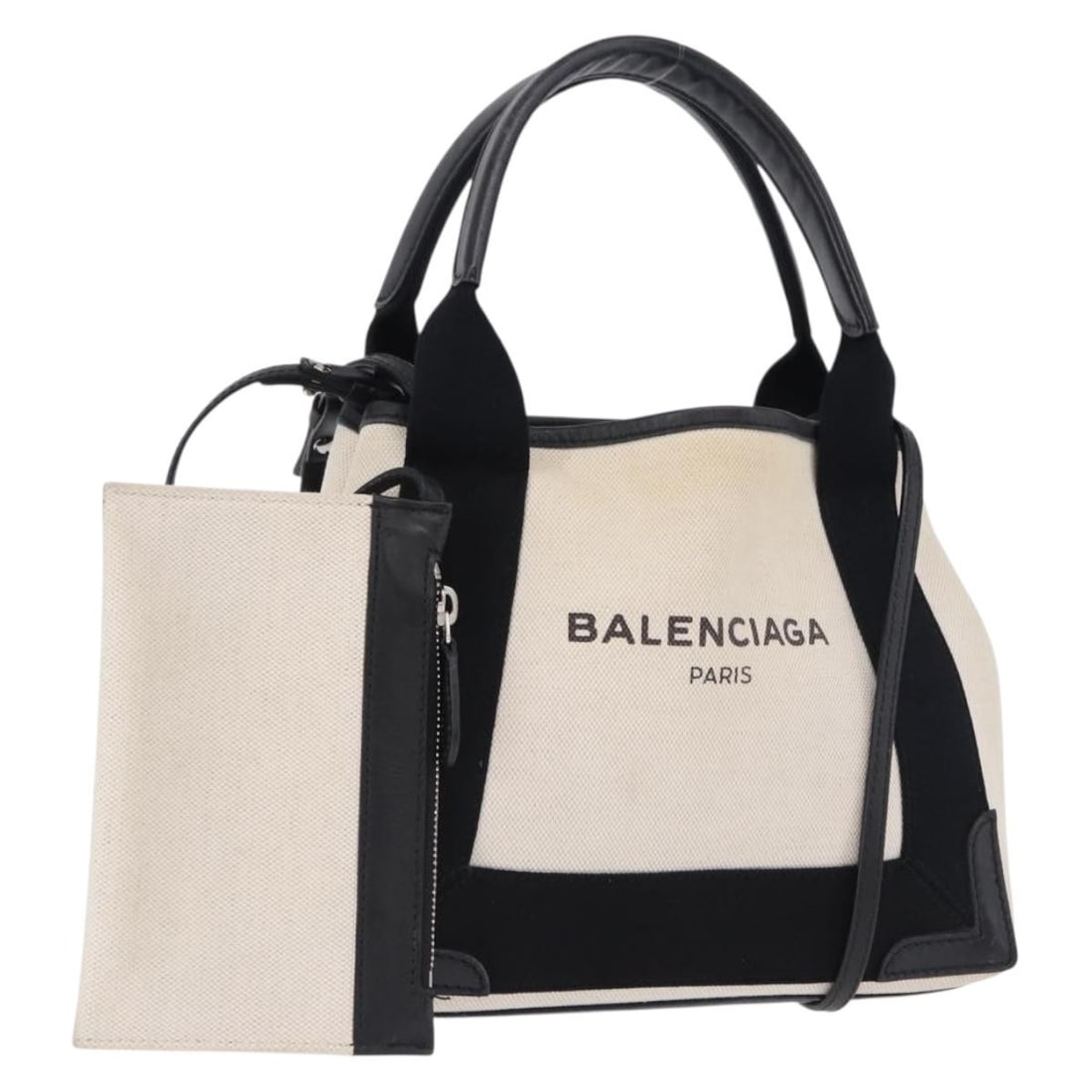 Balenciaga 390346 Navy Cabas XS canvas handbag with pouch: Balenciaga 390346 Navy Cabas XS canvas handbag with pouch Balenciaga Navy Cabas XS handbag in canvas with white, navy, and silver coloring. This women's bag includes a pouch and was made in Italy. Con
