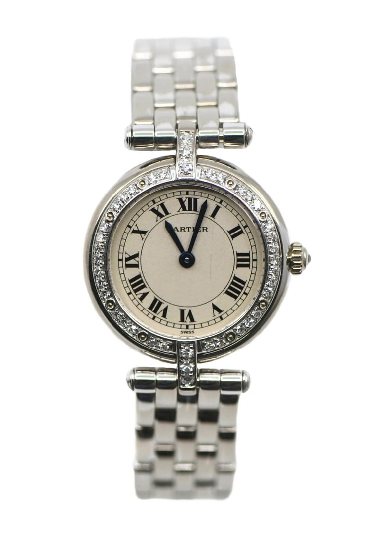 Cartier Panthere Vendome 18K White Gold Diamond Wristwatch Ref 3057916: Cartier Panthere Vendome 18K White Gold Diamond Wristwatch Ref 3057916 Cartier Panthere Vendome diamond wristwatch in 18K white gold with a polished round case and bracelet. This pre-owned women's lux