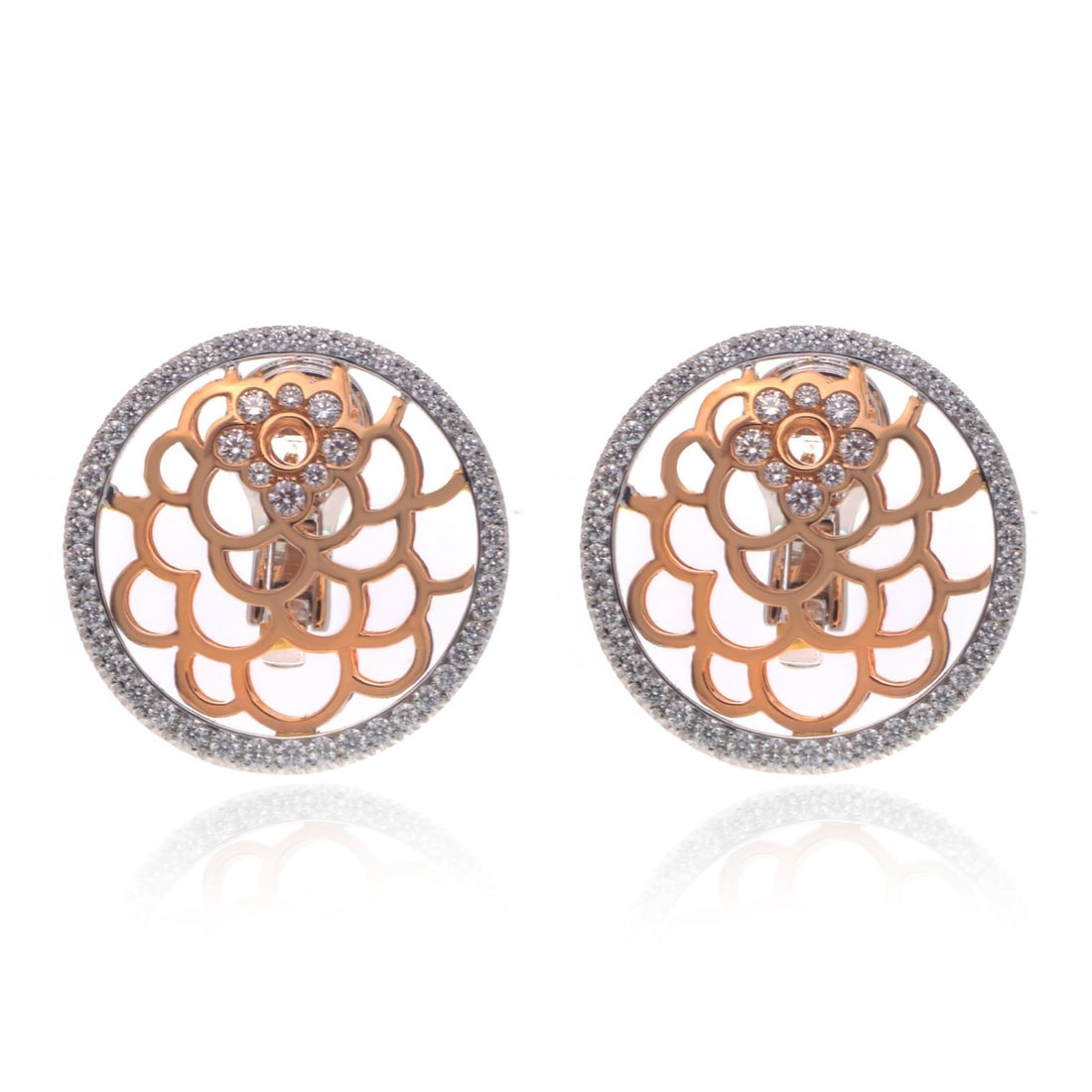Luca Carati Floral Diamond Stud Earrings 18K Rose White Gold 1.57Cttw Omega Back: Luca Carati Floral Diamond Stud Earrings 18K Rose White Gold 1.57Cttw Omega Back These exquisite Floral Diamond Stud Earrings by Luca Carati are elegantly crafted in solid 18K rose and white gold. The