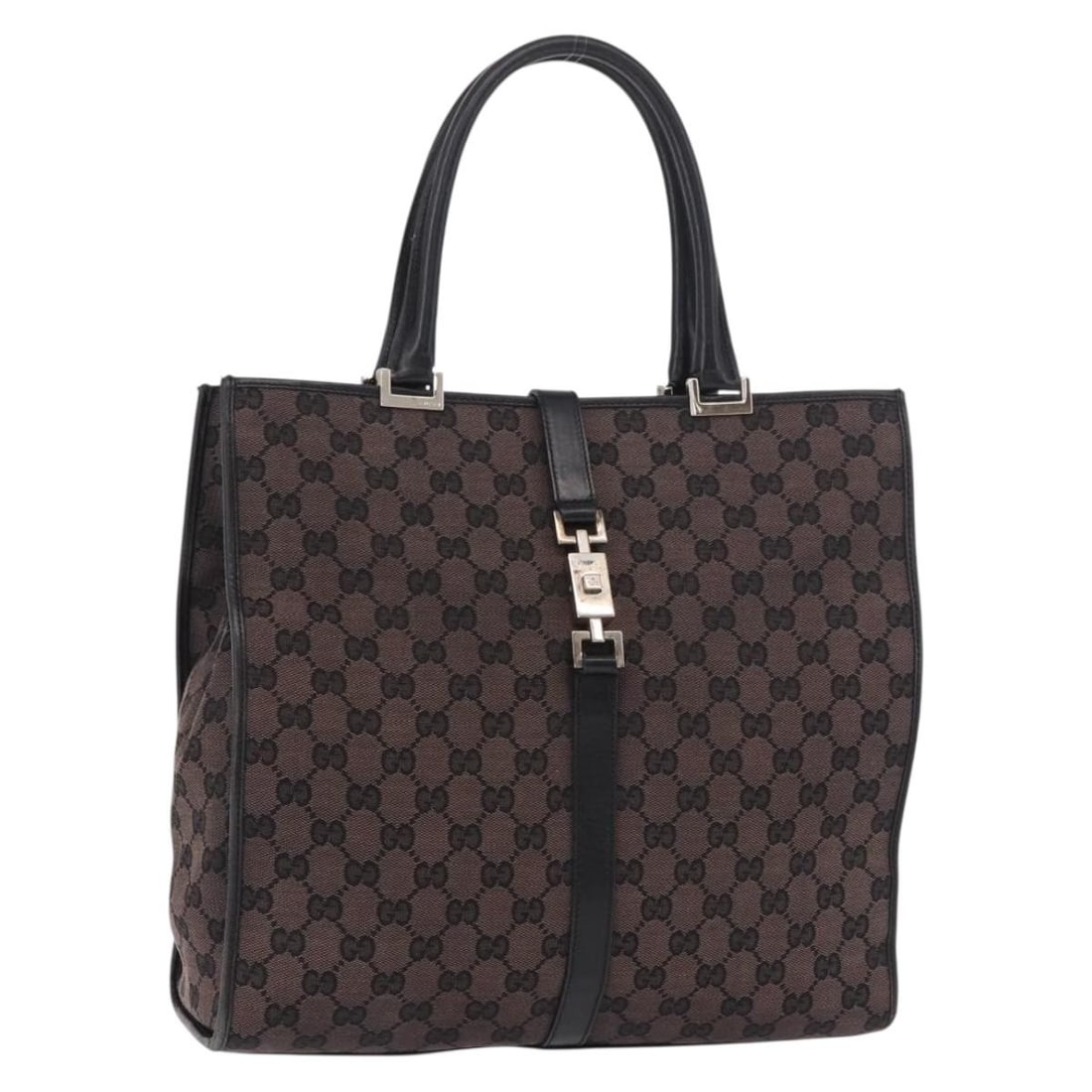 Gucci Jackie GG Canvas Tote Dark Brown Silver 002 1064: Gucci Jackie GG Canvas Tote Dark Brown Silver 002 1064 Gucci Jackie tote bag in dark brown GG canvas with silver-tone accents. This women's bag is made in Italy and comes as the bag only, without the 