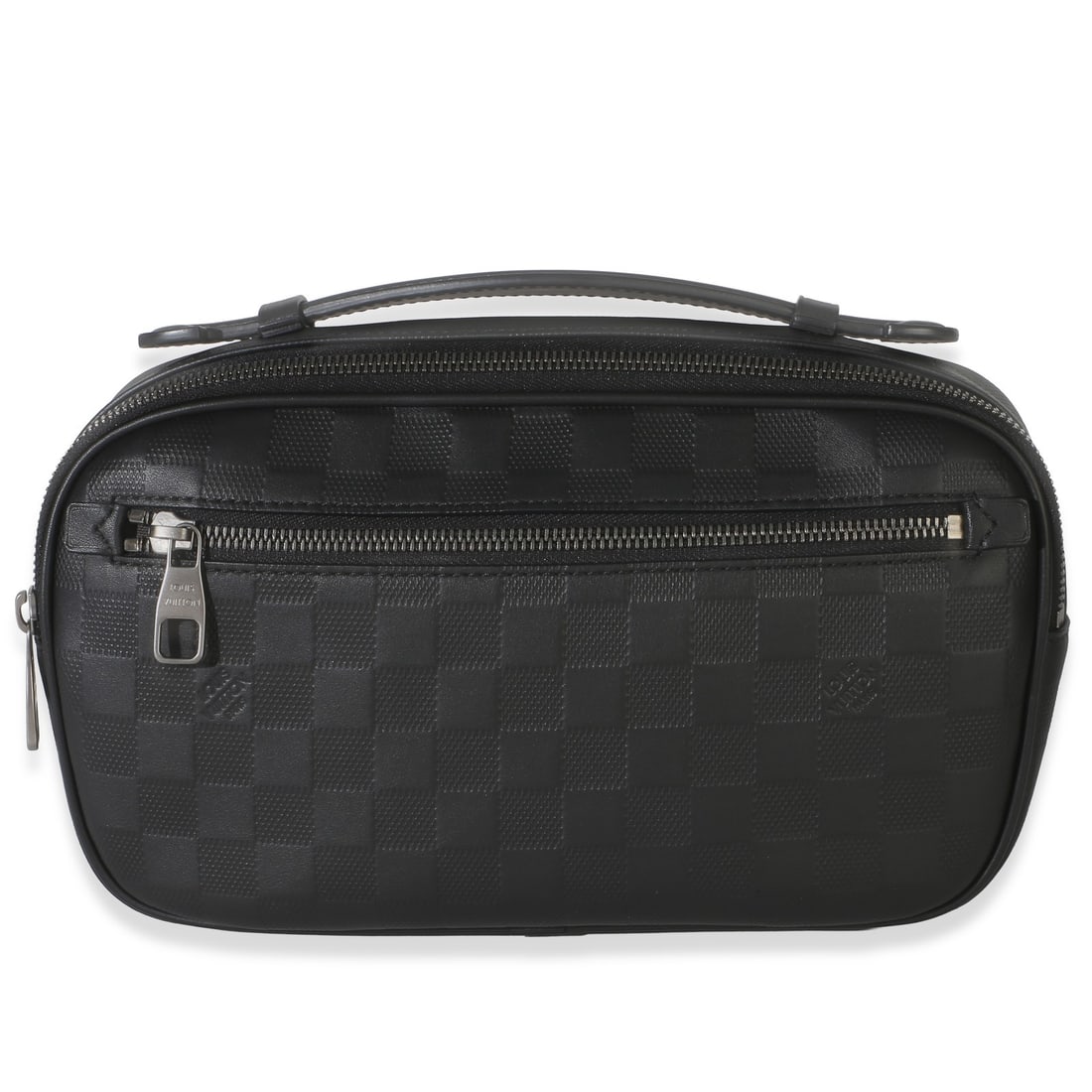 Louis Vuitton Ambler Belt Bag Black Leather Damier Infini: Louis Vuitton Ambler Belt Bag Black Leather Damier Infini Pre-owned Louis Vuitton Ambler belt bag in black Damier Infini leather with a zip-around closure and matte-black hardware. This unisex design 