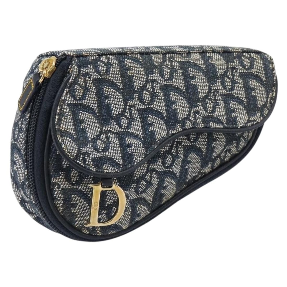 Christian Dior Trotter Canvas Pouch Navy Gold Spain: Christian Dior Trotter Canvas Pouch Navy Gold Spain Christian Dior saddle pouch in navy and gold Trotter canvas, made in Spain. This women's pouch shows heavy signs of use, including loss of shape, ru