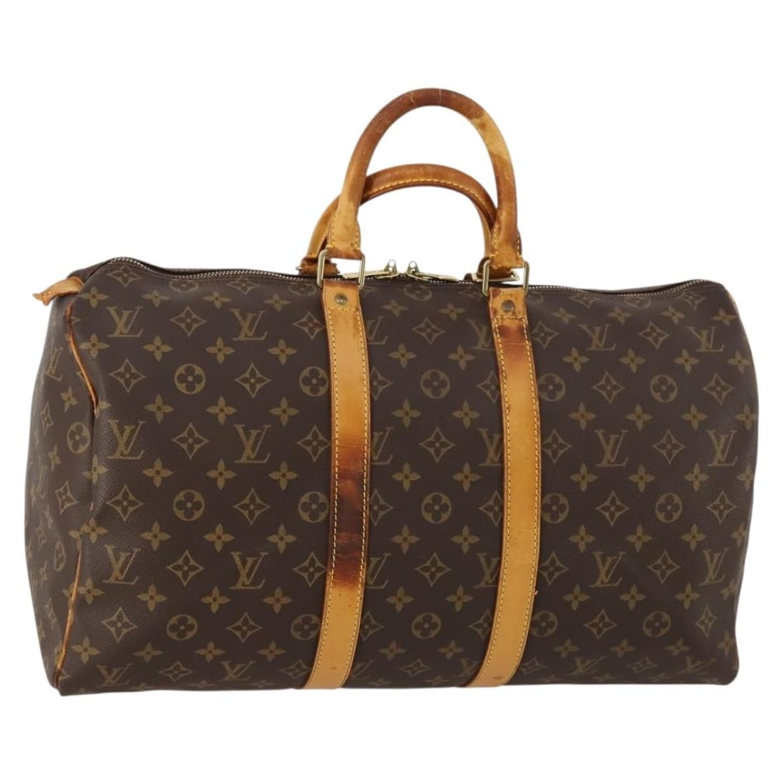 Louis Vuitton Keepall 45 Boston Bag Monogram Canvas M41428: Louis Vuitton Keepall 45 Boston Bag Monogram Canvas M41428 Louis Vuitton Keepall 45 Boston bag in Monogram canvas, made in France. This women's travel bag shows heavy wear throughout, including an out