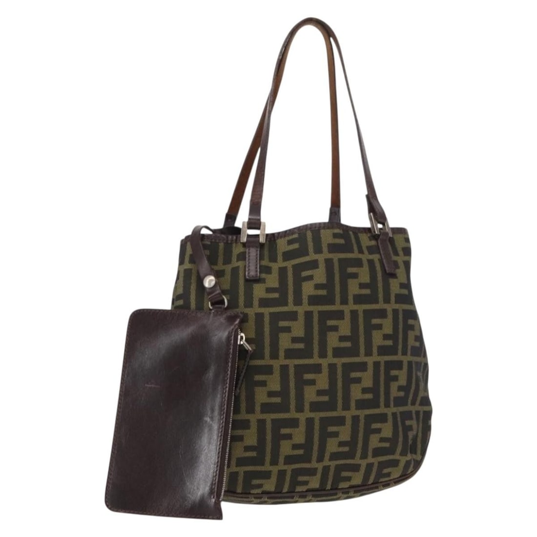 FENDI Zucca Canvas Hand Bag with Pouch Brown Black: FENDI Zucca Canvas Hand Bag with Pouch Brown Black Authentic FENDI handbag in brown and black Zucca canvas with a pouch included. Made in Italy, this women's bag has a slim profile and a shoulder-leng