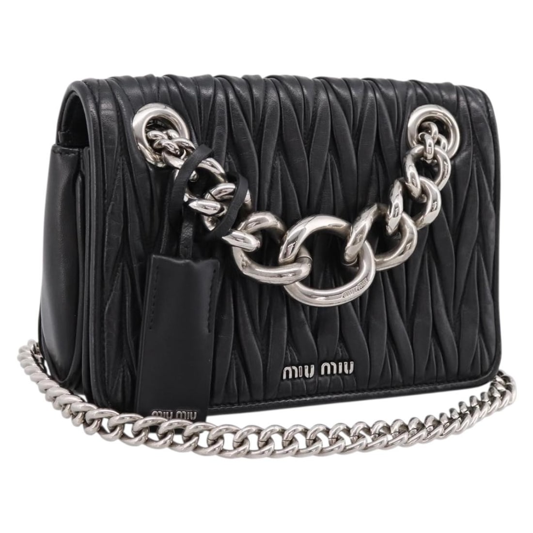 Miu Miu black leather matelasse shoulder bag with chain strap: Miu Miu black leather matelasse shoulder bag with chain strap Miu Miu matelasse chain shoulder bag in black leather with silver-tone accents. Made in Italy, this women's shoulder bag includes a dust b