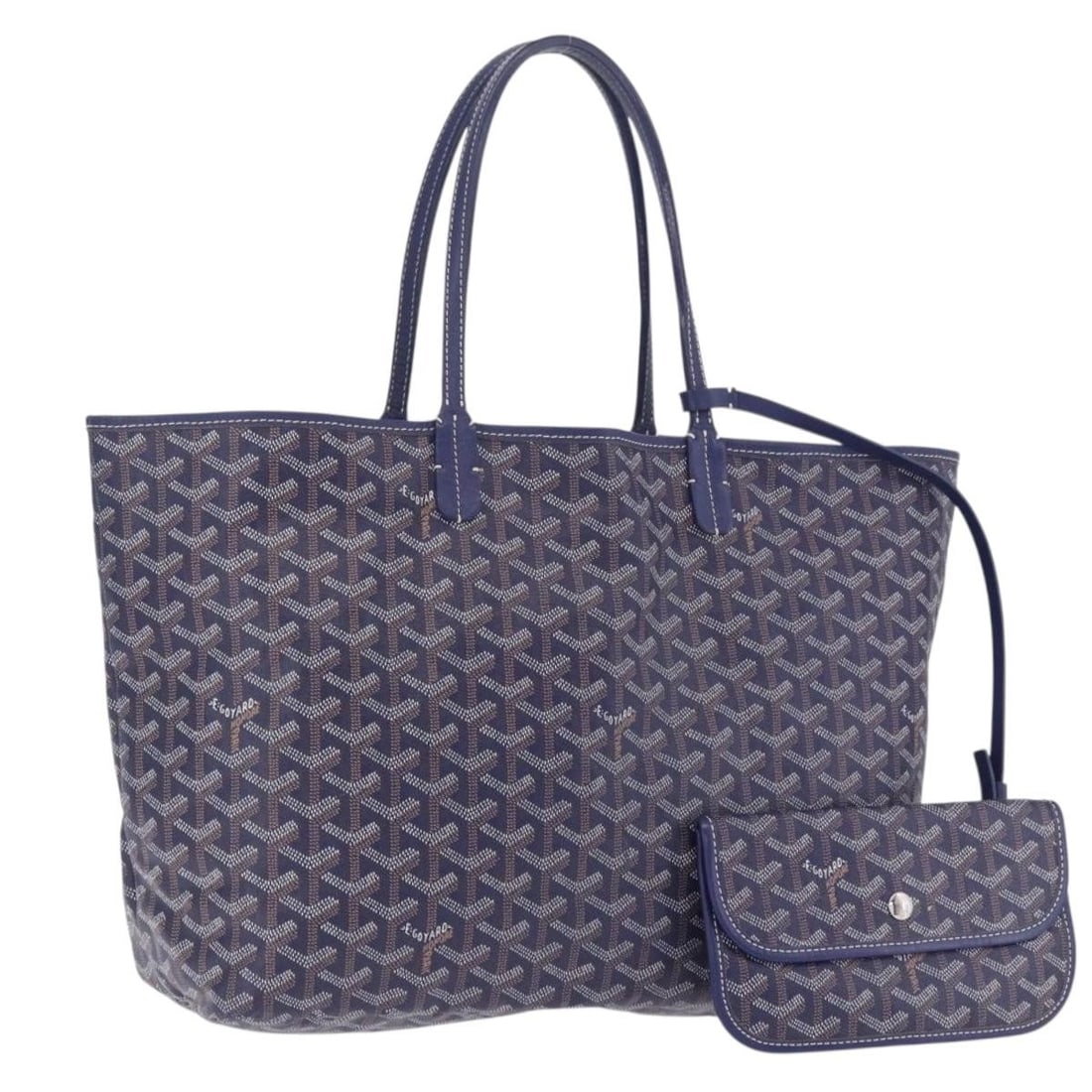 Goyard Saint Louis PM Navy PVC Leather Tote with Pouch: Goyard Saint Louis PM Navy PVC Leather Tote with Pouch Authentic Goyard Saint Louis PM tote bag in navy herringbone PVC leather with an included pouch. Made in France, this women's tote has a heavily 