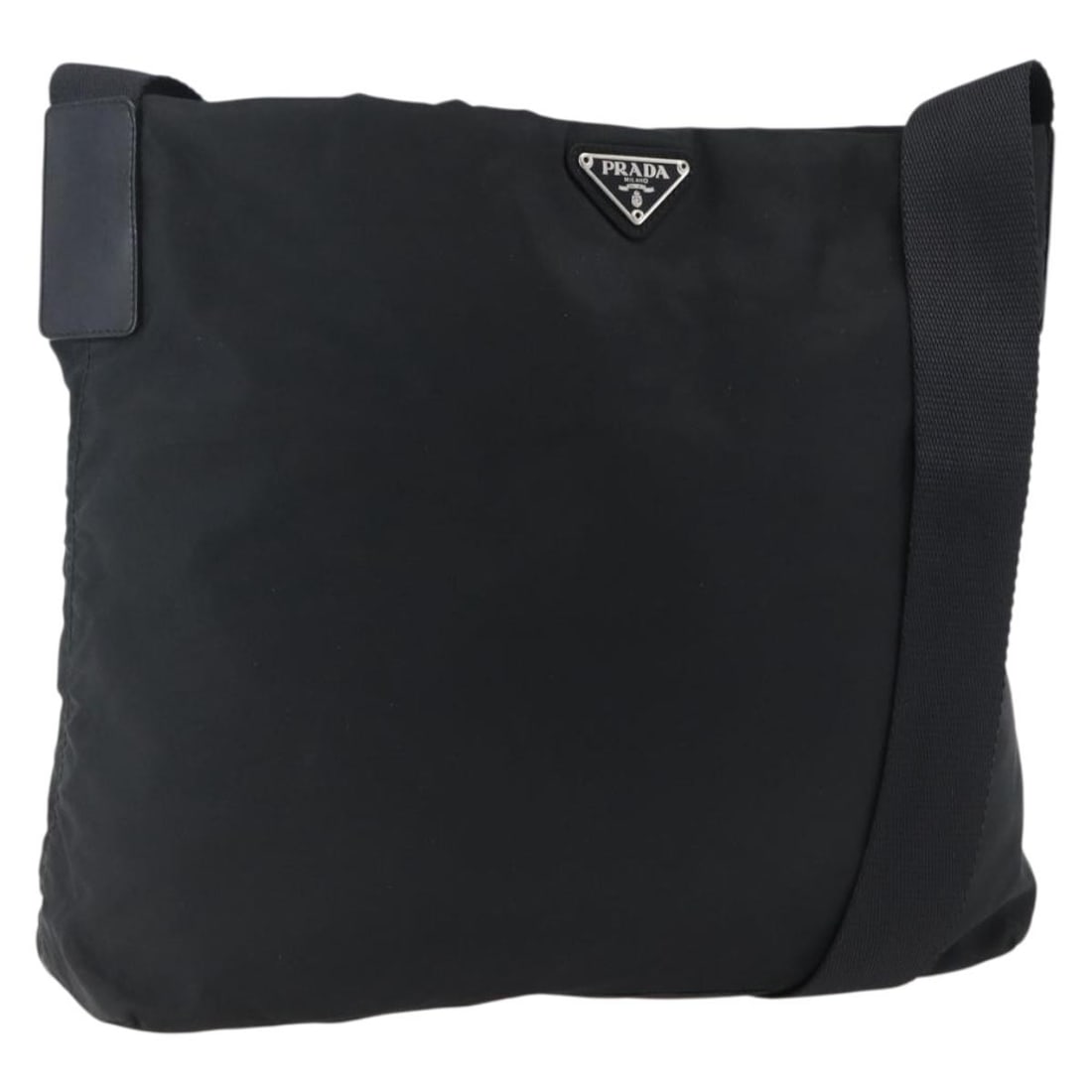 PRADA Nylon Shoulder Bag in Black with Silver Tone Hardware: PRADA Nylon Shoulder Bag in Black with Silver Tone Hardware Prada shoulder bag in black nylon with silver-tone accents, made in Italy. This women's bag includes the guarantee card and has an adjustabl
