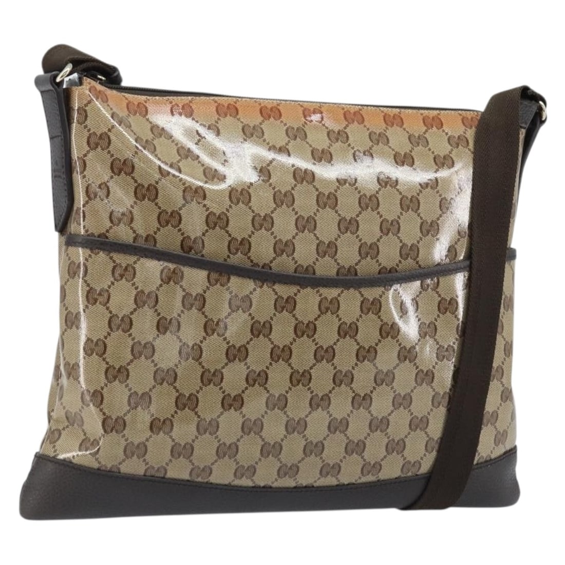 Gucci 374411 GG Crystal coated canvas shoulder bag beige gold: Gucci 374411 GG Crystal coated canvas shoulder bag beige gold GUCCI GG Crystal shoulder bag in beige and gold coated canvas/GG Canvas, made in Italy. This women's shoulder bag features a strap drop of