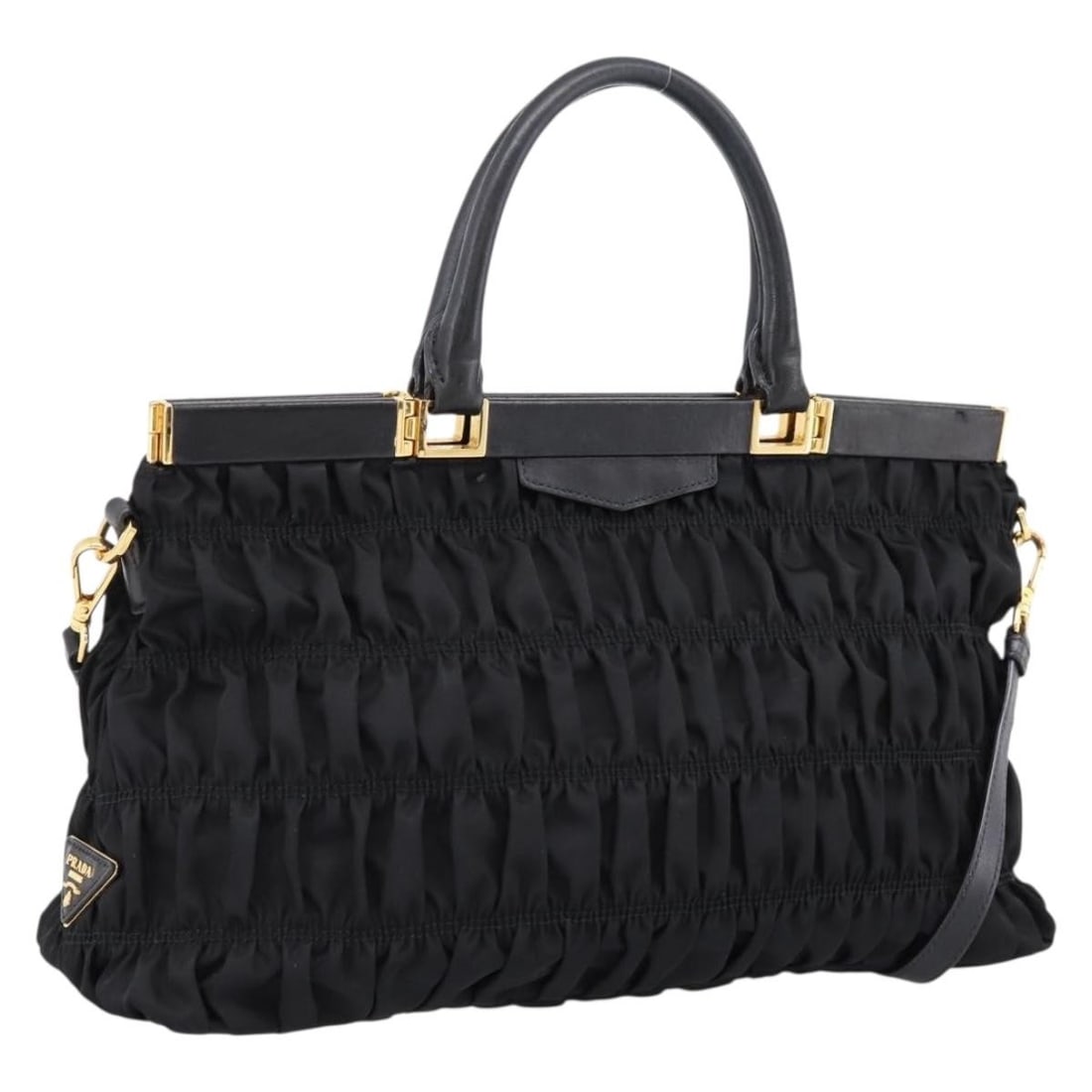 PRADA 2way Nylon Hand Bag Black with Shoulder Strap: PRADA 2way Nylon Hand Bag Black with Shoulder Strap Prada gathered 2-way handbag in black nylon with gold-tone accents. Designed for women, this Italian-made bag includes a shoulder strap and can be c