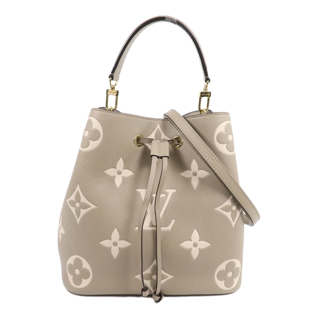 Louis Vuitton Neo Noe MM M45555 Monogram Empreinte 2way Shoulder Bag: Louis Vuitton Neo Noe MM M45555 Monogram Empreinte 2way Shoulder Bag Louis Vuitton Neo Noe MM 2-way shoulder bag in Monogram Empreinte calfskin with a beige and gray colorway. This women's bag feature