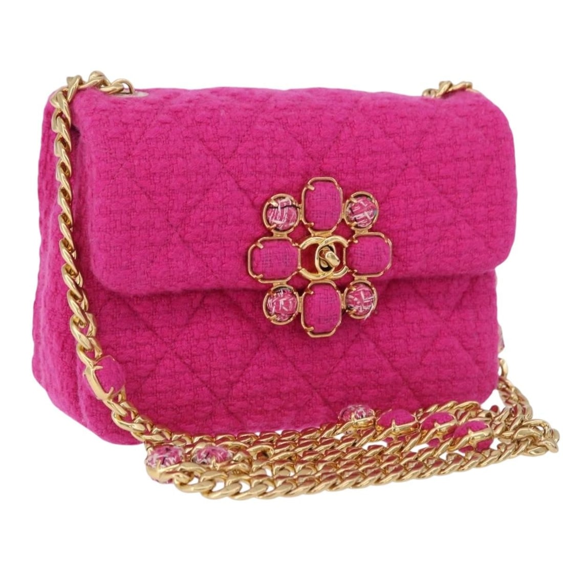 CHANEL Mini Matelasse 18 Canvas Shoulder Bag Pink Gold Italy: CHANEL Mini Matelasse 18 Canvas Shoulder Bag Pink Gold Italy Chanel Mini Matelasse 18 chain shoulder bag in pink and gold canvas. Includes a dust bag. Condition is excellent overall, with no remarkabl