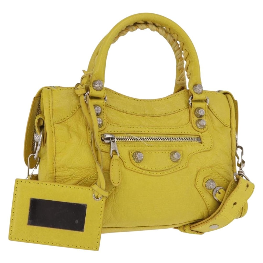 Balenciaga 309544 Giant Mini City Leather 2way Handbag Yellow: Balenciaga 309544 Giant Mini City Leather 2way Handbag Yellow Balenciaga Giant Mini City hand bag in yellow leather, made in Italy. This women's bag features a top handle and shoulder strap design wit