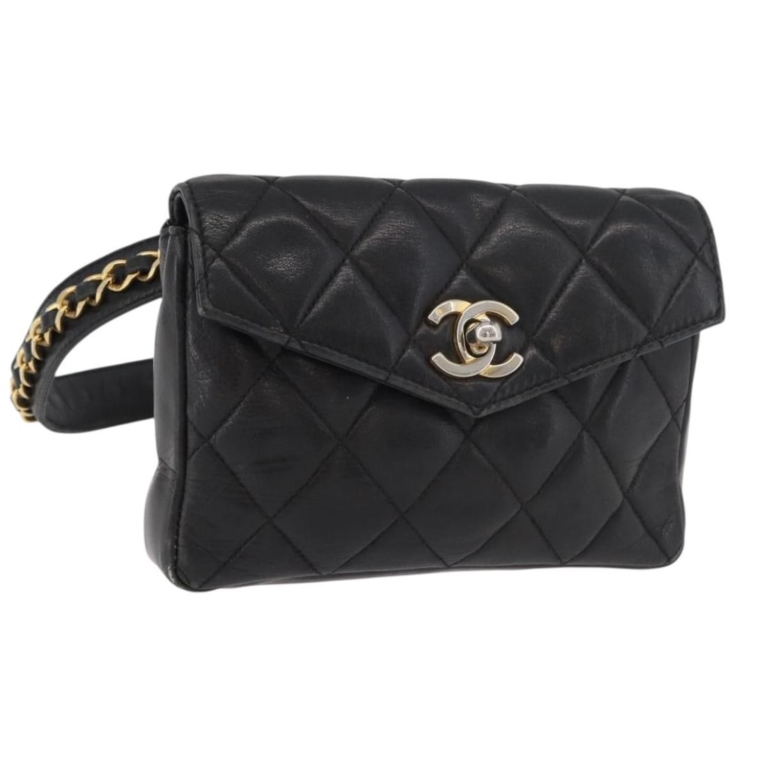CHANEL CC Lambskin Waist Bag Black with Gold Chain: CHANEL CC Lambskin Waist Bag Black with Gold Chain Chanel Matelasse chain waist bag in black lamb skin with gold-tone CC detailing. Made in Italy for women. This heavily used bag shows noticeable wear