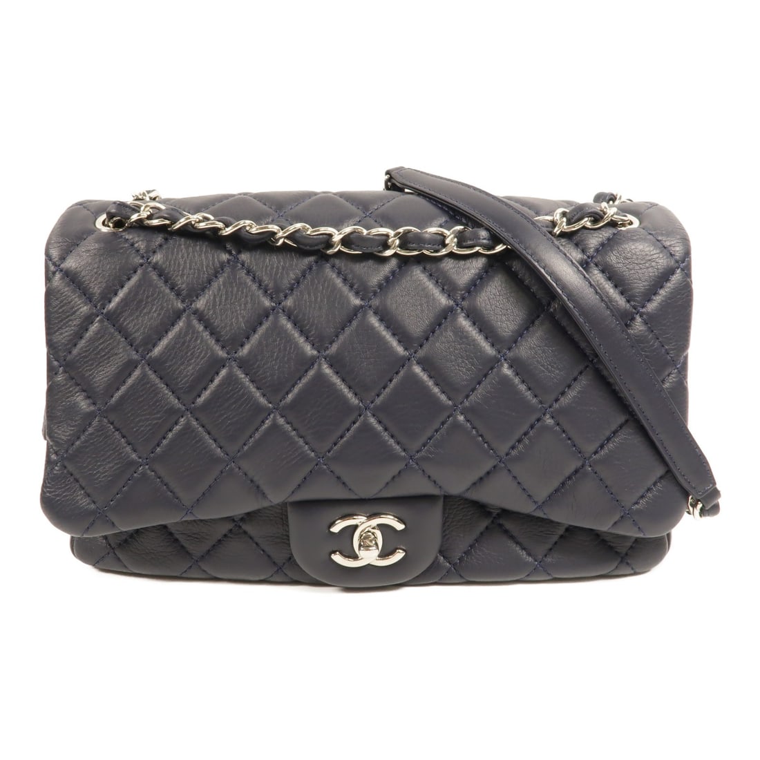 CHANEL CC Blue Calfskin Shoulder Bag with SHW: CHANEL CC Blue Calfskin Shoulder Bag with SHW Blue Chanel CC shoulder bag crafted in calfskin leather with silver-tone hardware. The bag features a turn-lock closure and an interior with two open pock