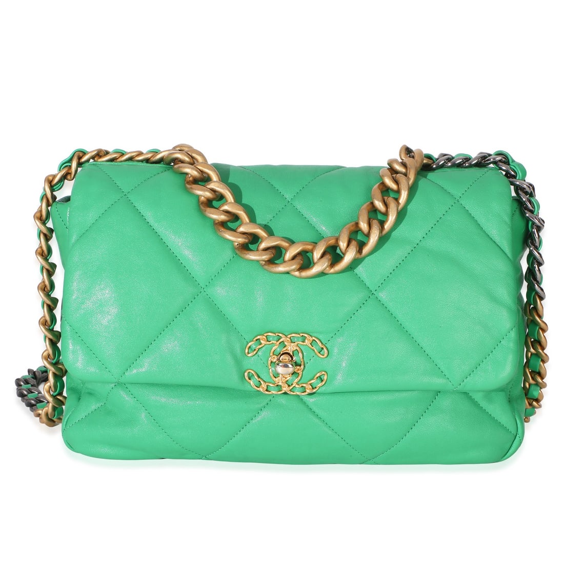 Chanel Large 19 Flap Bag Green Quilted Lambskin Leather: Chanel Large 19 Flap Bag Green Quilted Lambskin Leather Pre-owned Chanel Large Chanel 19 Flap Bag in green quilted lambskin. This versatile unisex bag features a turnlock closure and can be carried as