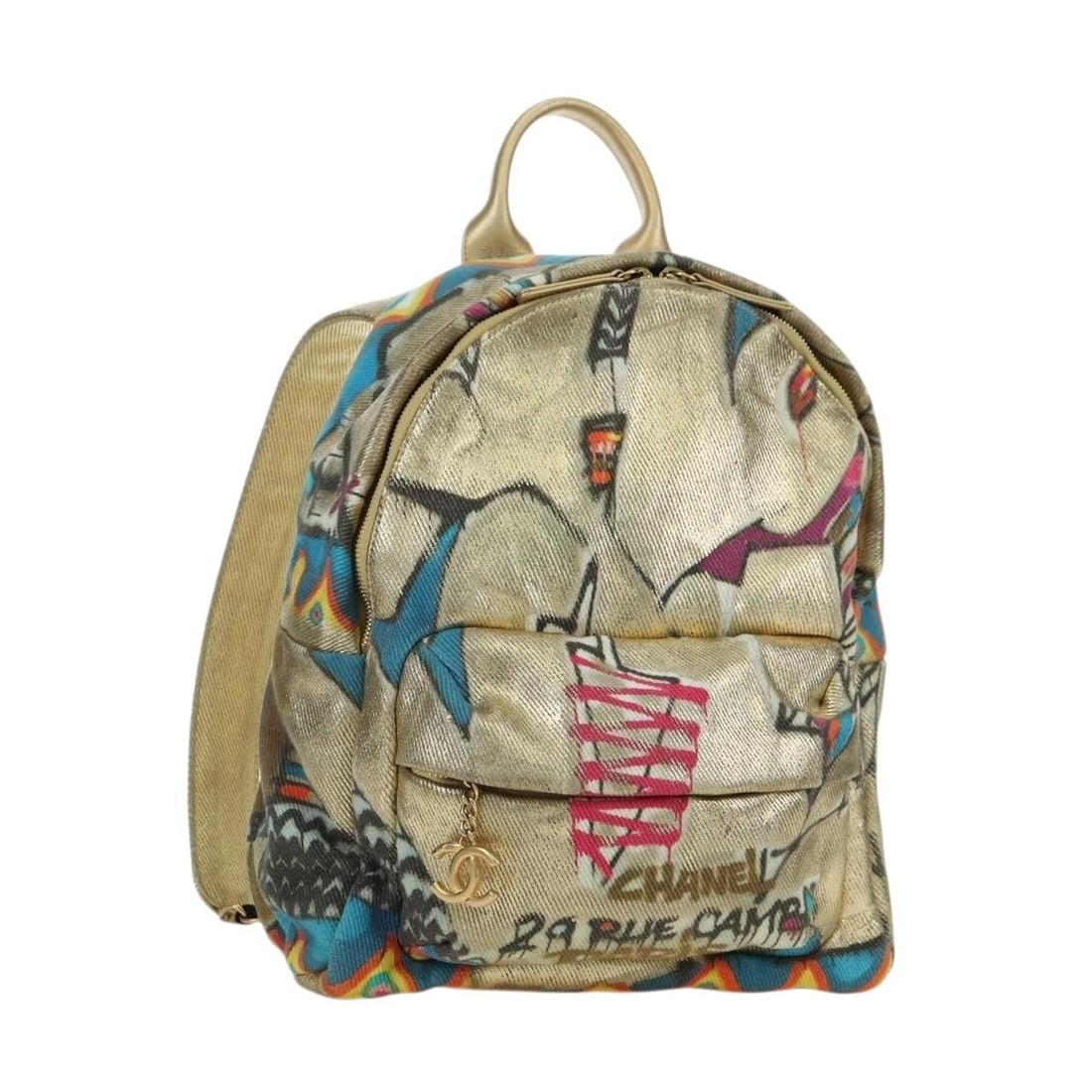 CHANEL Graphic Coated Canvas Backpack Gold CC with Dust Bag Card: CHANEL Graphic Coated Canvas Backpack Gold CC with Dust Bag Card CHANEL graphic backpack in coated canvas with a gold exterior. Designed for women, this backpack was made in Italy and comes with a dus