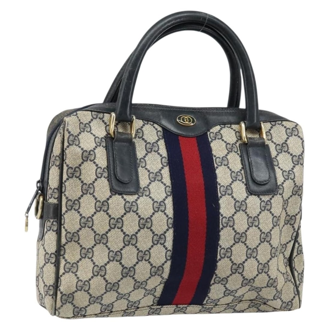 Gucci Sherry Line GG Supreme PVC Leather Hand Bag Navy Gold: Gucci Sherry Line GG Supreme PVC Leather Hand Bag Navy Gold Gucci GG Supreme Sherry Line handbag in navy and gold PVC leather with GG canvas. This women's bag was made in Italy and is offered in heavi