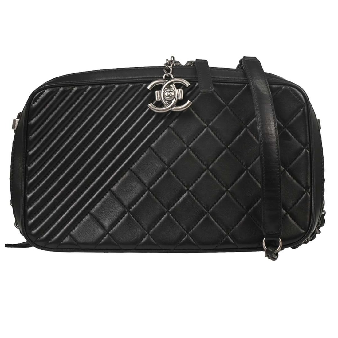 CHANEL Chain Shoulder Small Camera Bag Black Lambskin Quilted: CHANEL Chain Shoulder Small Camera Bag Black Lambskin Quilted Small Chanel Coco Boy camera bag in black lambskin leather with a quilted finish and chain shoulder strap. This women's shoulder bag featu