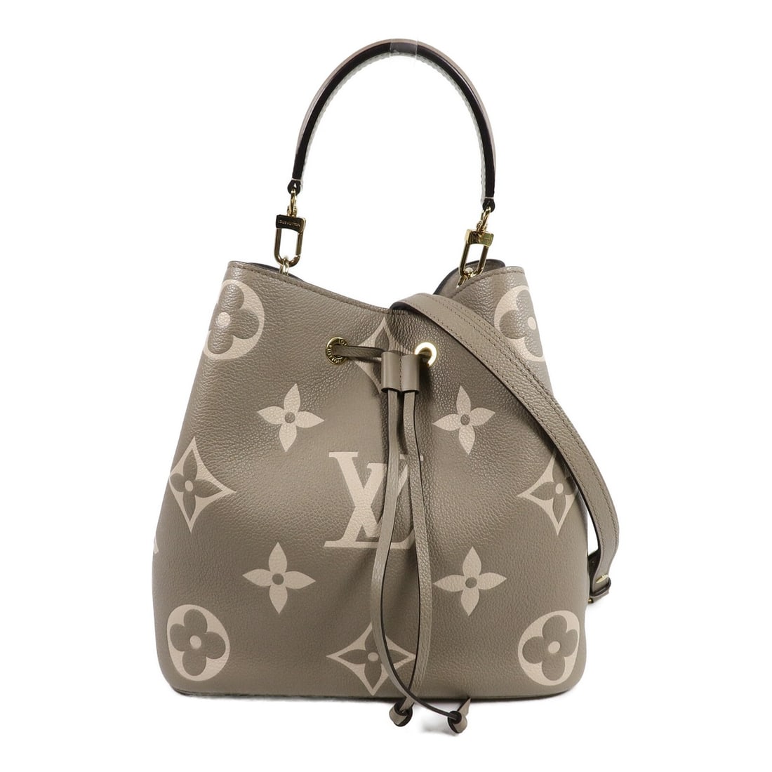 Louis Vuitton Neo Noe MM M45555 Monogram Empreinte 2way Bag: Louis Vuitton Neo Noe MM M45555 Monogram Empreinte 2way Bag Louis Vuitton Neo Noe MM 2-way shoulder bag in Monogram Empreinte calfskin with a beige and grey color combination. This women's bag feature