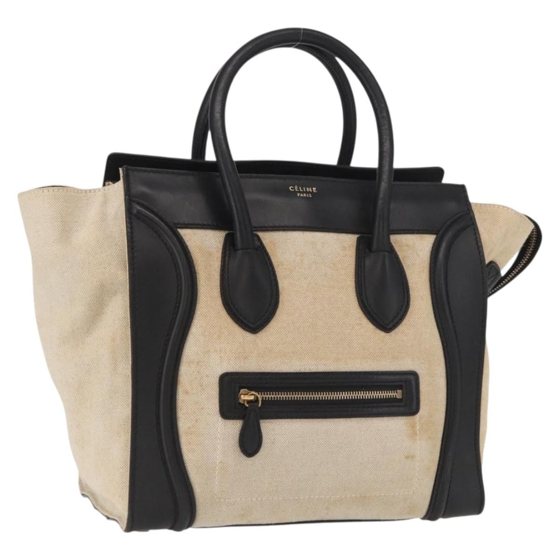 CELINE Beige Gold Canvas Hand Bag Made in Italy: CELINE Beige Gold Canvas Hand Bag Made in Italy Celine women's handbag in beige and gold canvas, made in Italy. This pre-owned piece shows heavy use with shape loss, rubbing, stains, scratches to the 