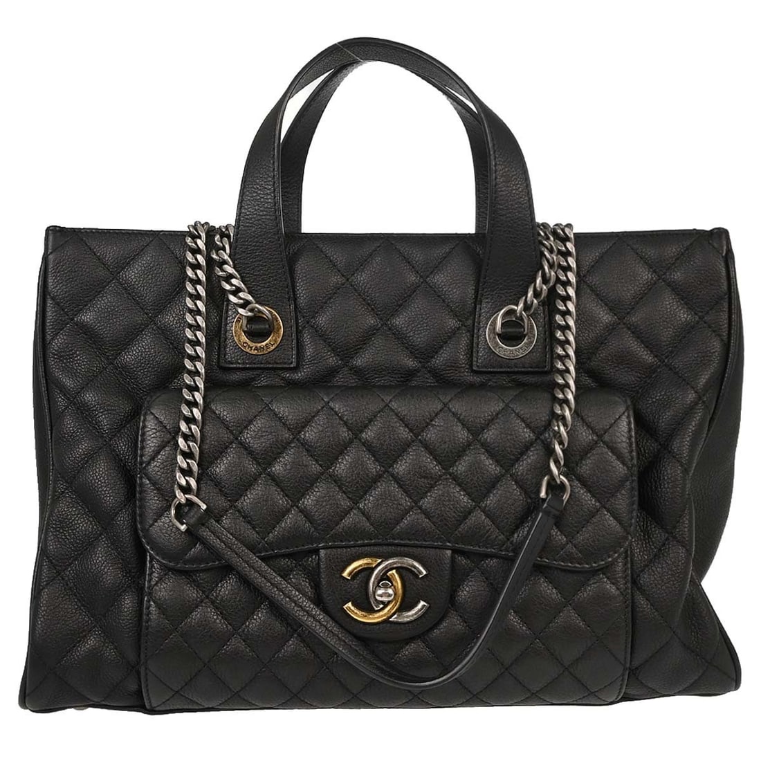 CHANEL Caviar 2way Tote Handbag Black Calfskin Leather: CHANEL Caviar 2way Tote Handbag Black Calfskin Leather Vintage Chanel 2way tote handbag in black calfskin with a zip closure, double handles, and an additional shoulder strap. The bag features exterio