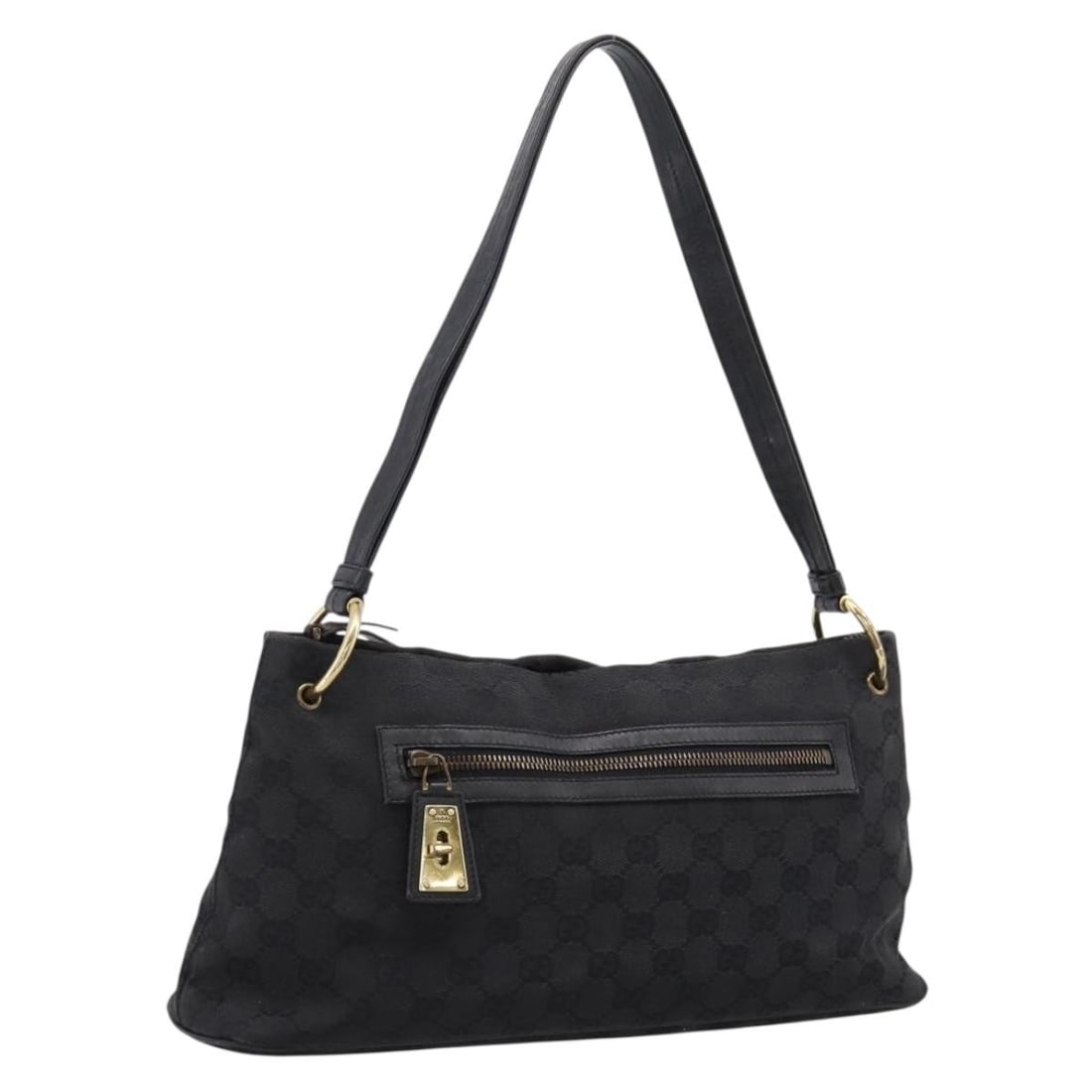 GUCCI 90699 GG Canvas Shoulder Bag Black Gold Tone: GUCCI 90699 GG Canvas Shoulder Bag Black Gold Tone Gucci shoulder bag in black and gold GG canvas with a structured silhouette and shoulder strap. Includes a dust bag. Condition is heavily used, with 