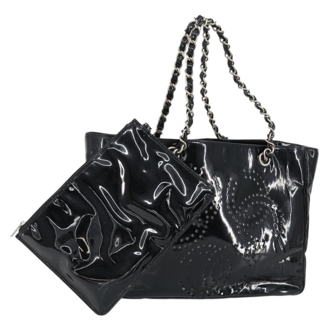 CHANEL Triple Coco Patent Leather Tote with Pouch Black Silver: CHANEL Triple Coco Patent Leather Tote with Pouch Black Silver CHANEL Triple Coco Chain tote bag in black patent leather with silver-tone CC detailing. This women's tote includes a pouch and was made 