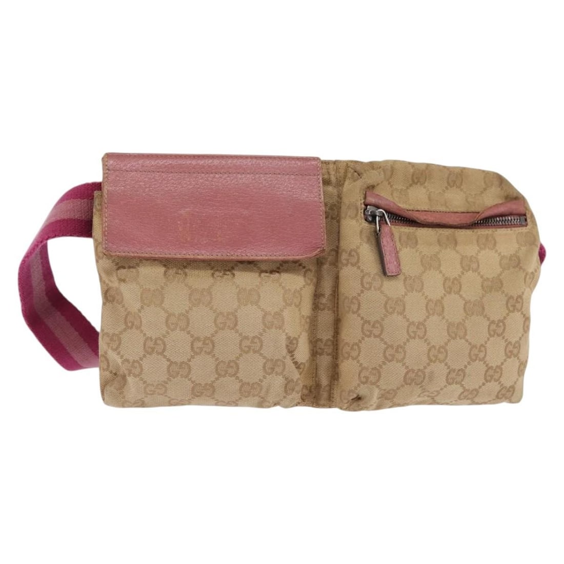 GUCCI 28566 GG Canvas Waist Bag Sherry Line Beige Pink Silver: GUCCI 28566 GG Canvas Waist Bag Sherry Line Beige Pink Silver Gucci waist bag in beige, pink, and silver GG canvas with an adjustable strap. Made in Italy, this women's bag shows heavy use with visibl