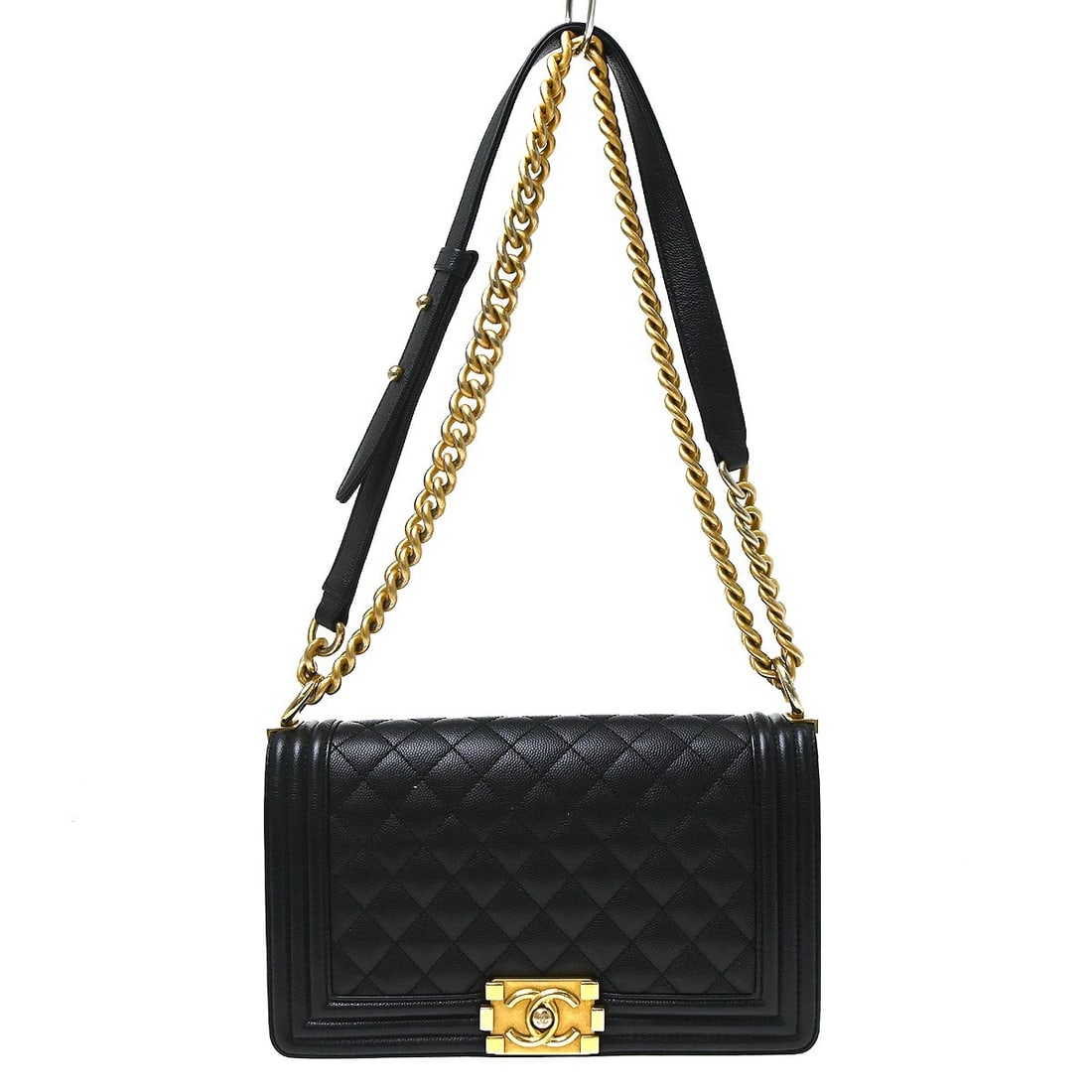 CHANEL Boy Medium Shoulder Bag Black Caviar Leather Chain Strap: CHANEL Boy Medium Shoulder Bag Black Caviar Leather Chain Strap Medium Boy Chanel shoulder bag in black caviar skin leather with a push-lock closure, quilted accents, chain strap, and inner pocket. Ma