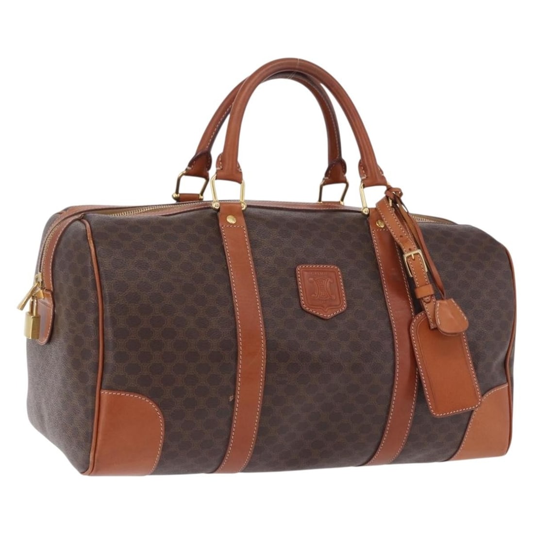CELINE Macadam Boston Bag Brown PVC Leather with Padlock Key: CELINE Macadam Boston Bag Brown PVC Leather with Padlock Key Vintage CELINE Boston bag in brown Macadam canvas with PVC leather trim and gold-tone accents. This women's bag includes a padlock, one key
