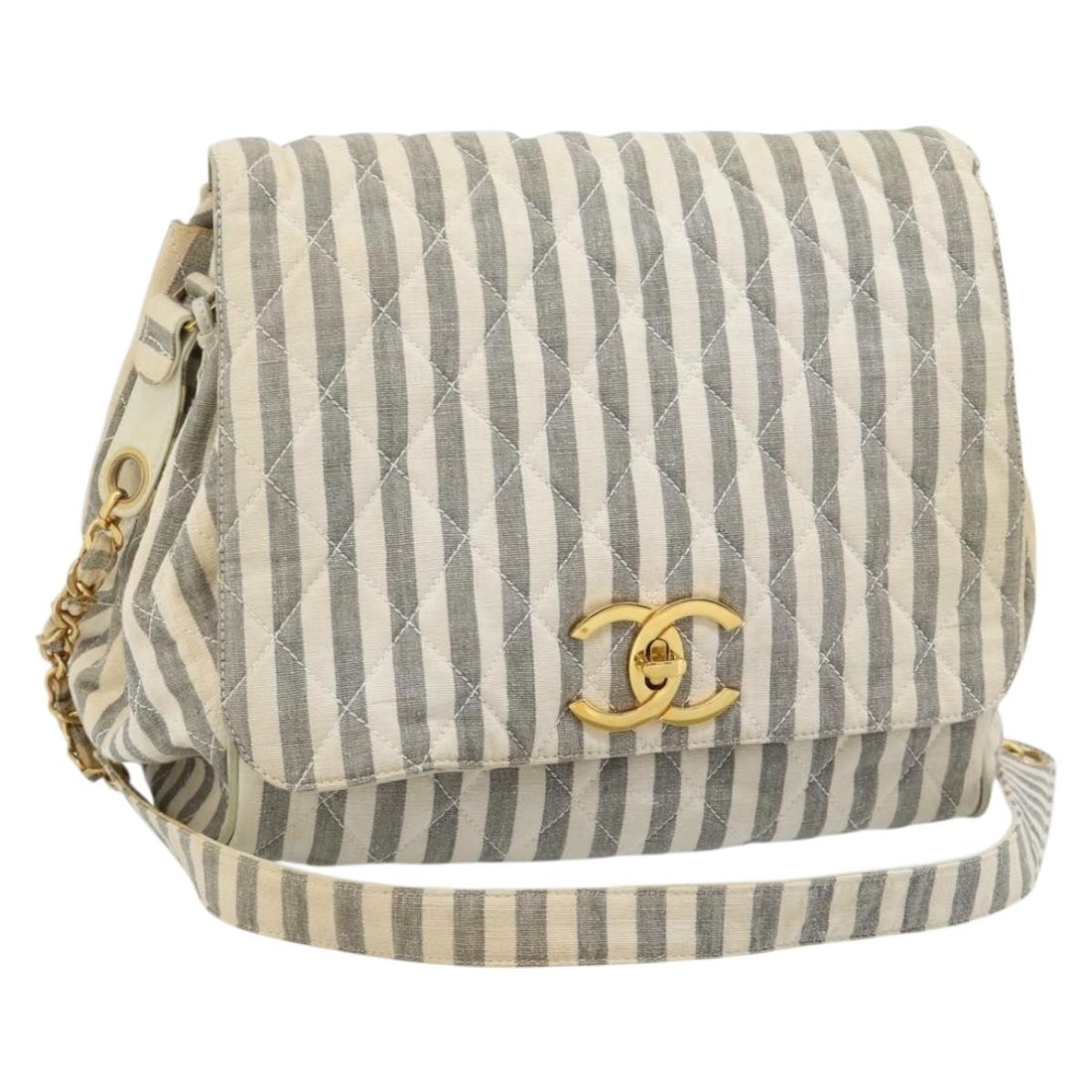 CHANEL Matelasse Shoulder Bag in White Gray Striped Canvas (1 of 18)