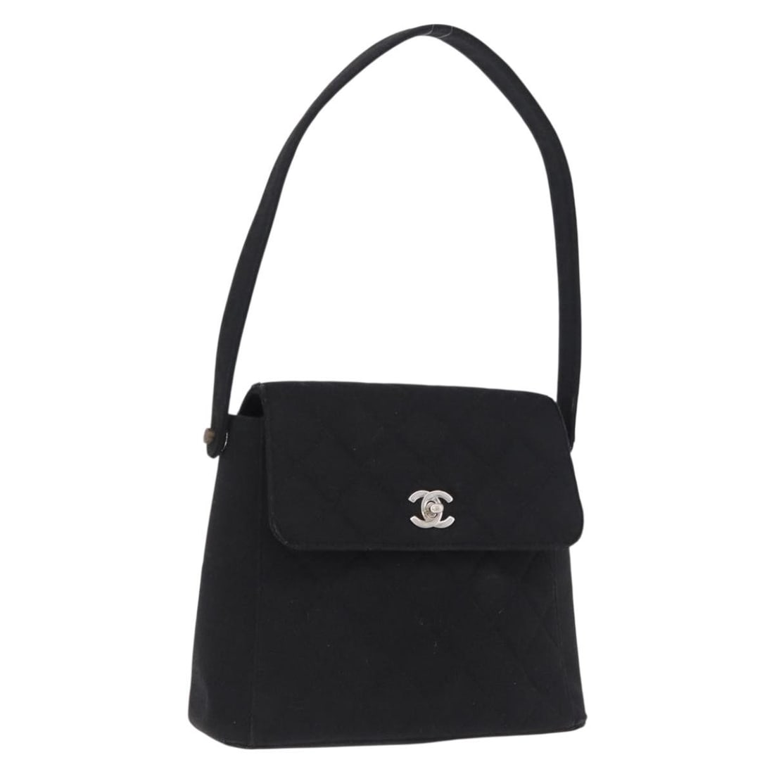 CHANEL Matelasse Cotton Handbag Black with Silver CC: CHANEL Matelasse Cotton Handbag Black with Silver CC CHANEL Matelasse hand bag in black cotton with silver-tone CC detailing. This women's handbag shows heavy use, including loss of shape, rubbing, st