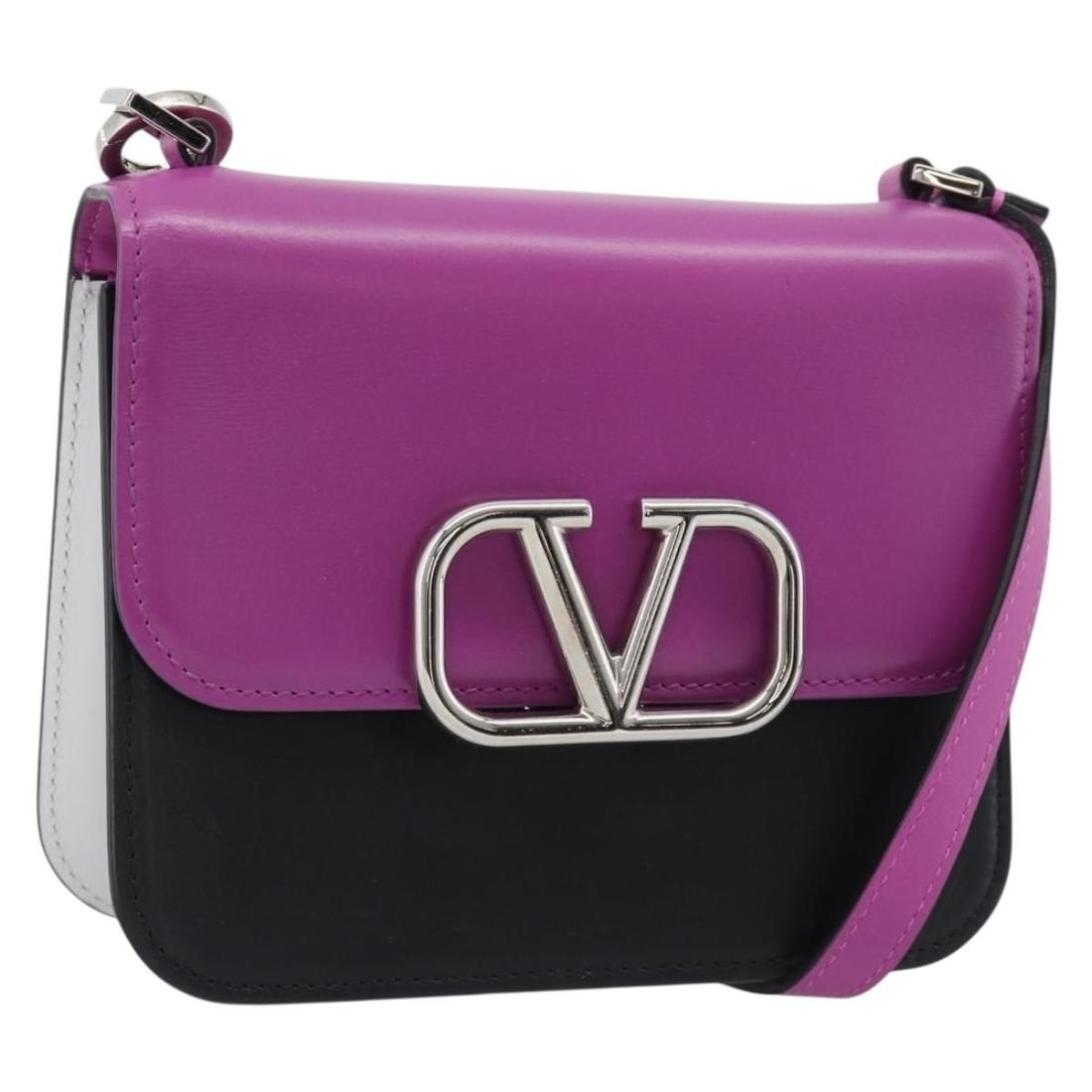VALENTINO Purple Silver Leather 2way Shoulder Bag with Strap: VALENTINO Purple Silver Leather 2way Shoulder Bag with Strap Valentino 2-way shoulder bag in purple and silver leather, made in Italy. This women's bag includes a shoulder strap and has been customize