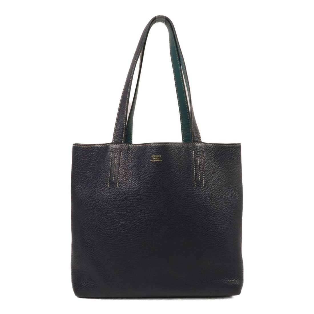 HERMES Double Sens 36 Clemence Calfskin Tote Bleu Nuit Vert Vertigo: HERMES Double Sens 36 Clemence Calfskin Tote Bleu Nuit Vert Vertigo Hermes Double Sens 36 tote bag in Bleu Nuit and Vert Vertigo Taurillon Clemence and calfskin leather. This women's tote is made in F