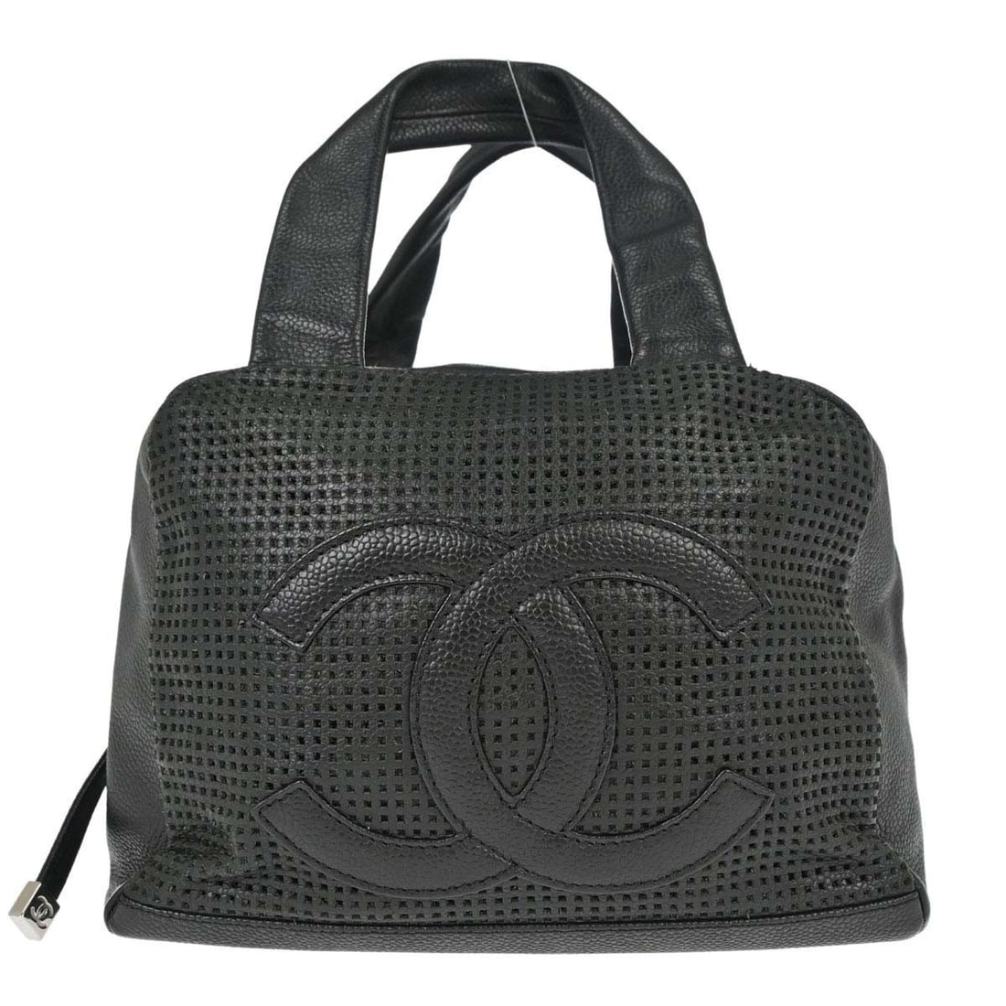 Chanel Caviar Medium Handbag in Black Perforated Calfskin: Chanel Caviar Medium Handbag in Black Perforated Calfskin Chanel black perforated calfskin handbag with a turnlock closure and double handles. The bag features black leather lining, logo accents, and 