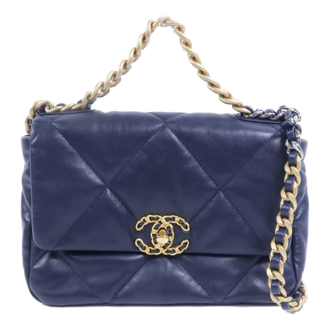 CHANEL Chanel 19 AS1160 2 Way Shoulder Bag Navy Calfskin: CHANEL Chanel 19 AS1160 2 Way Shoulder Bag Navy Calfskin Chanel 19 CC 2-way shoulder handbag in navy calfskin leather. This women's bag features a structured design with both top-handle and shoulder c
