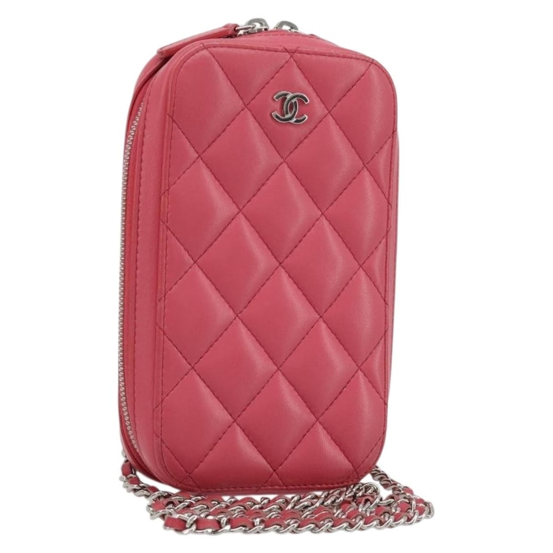 CHANEL Lamb Skin Phone Pouch Pink Silver CC with Box Card: CHANEL Lamb Skin Phone Pouch Pink Silver CC with Box Card Chanel phone pouch in pink lamb skin with silver-tone CC detailing. This women's pouch is made in Italy and includes a dust bag, item box, and