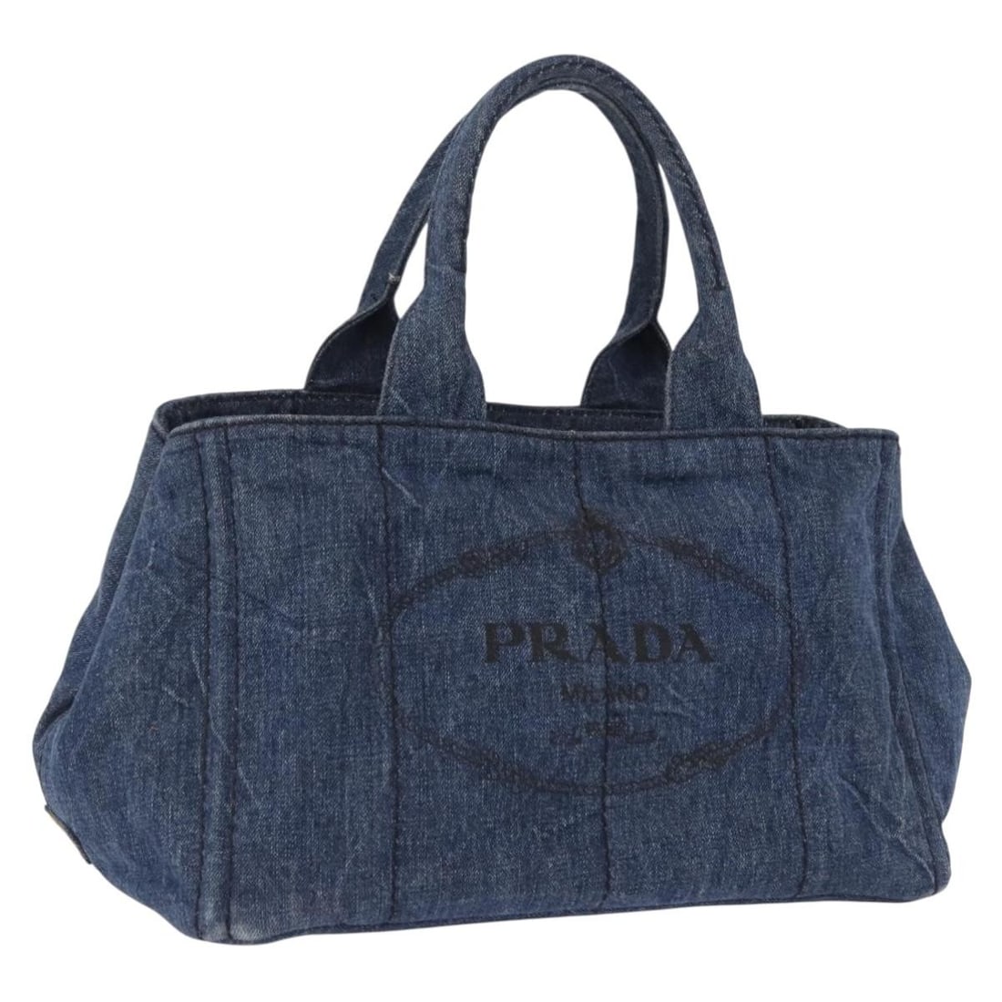 PRADA Canapa MM Blue Canvas Hand Bag Gold Tone: PRADA Canapa MM Blue Canvas Hand Bag Gold Tone Prada Canapa MM handbag in blue canvas with gold-tone accents. This women's handbag is made in Turkey and includes only the bag shown; the item box and d